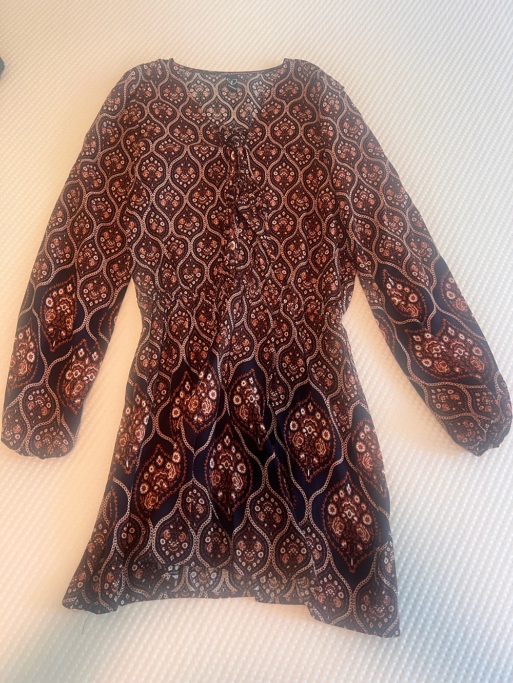 Boho Paisley Long Sleeve Tunic Dress - Navy & Rust